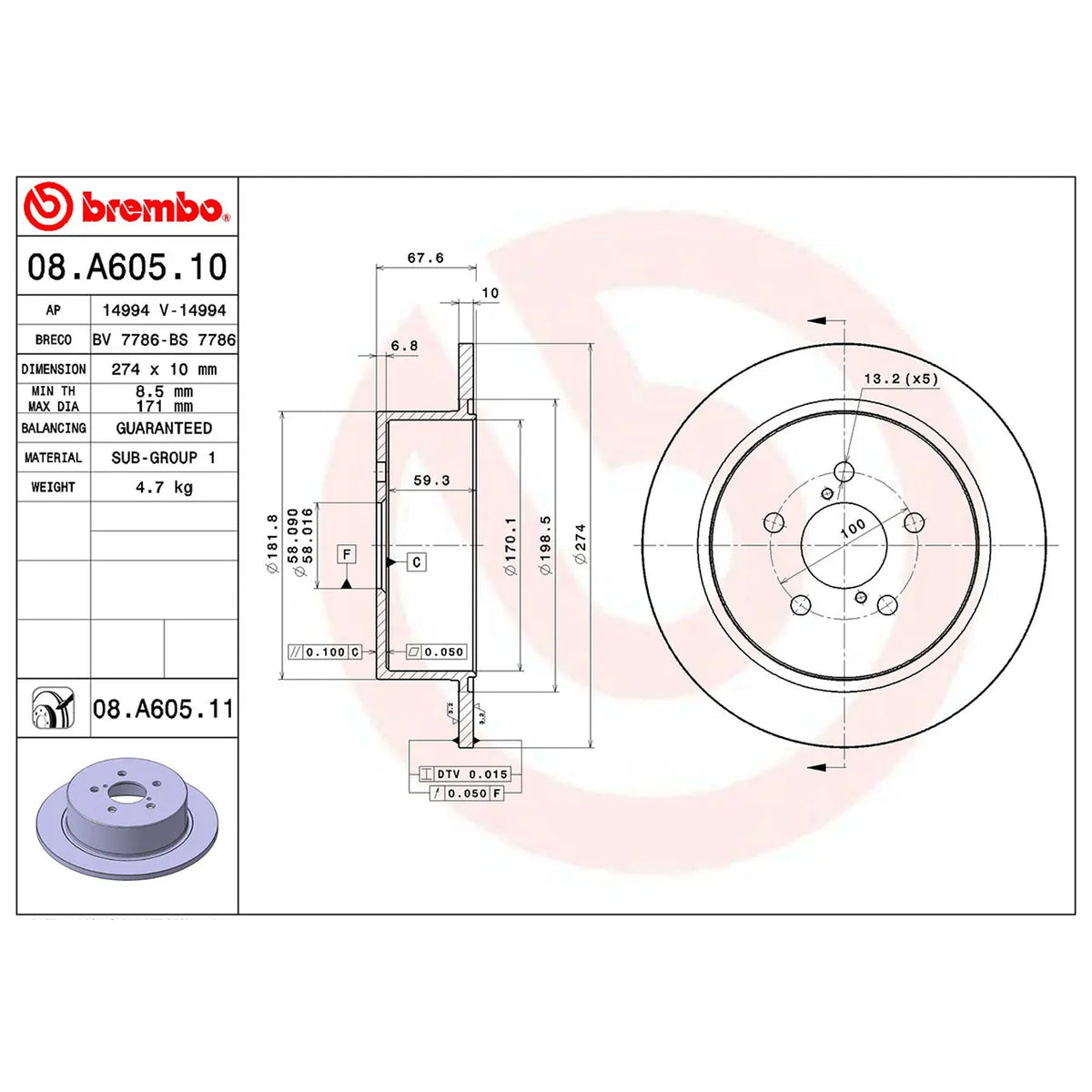 Brembo Rear Rotor Disc 08.A605.11 for Subaru Legacy BL/BP 2003 - 2009