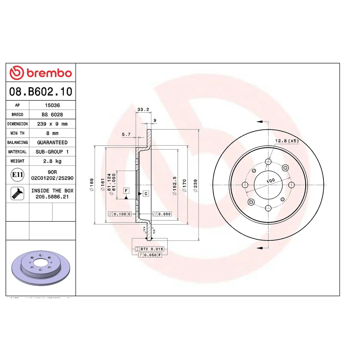 Brembo Rear Rotor Disc 08.B602.10 for Honda Jazz GE, GK