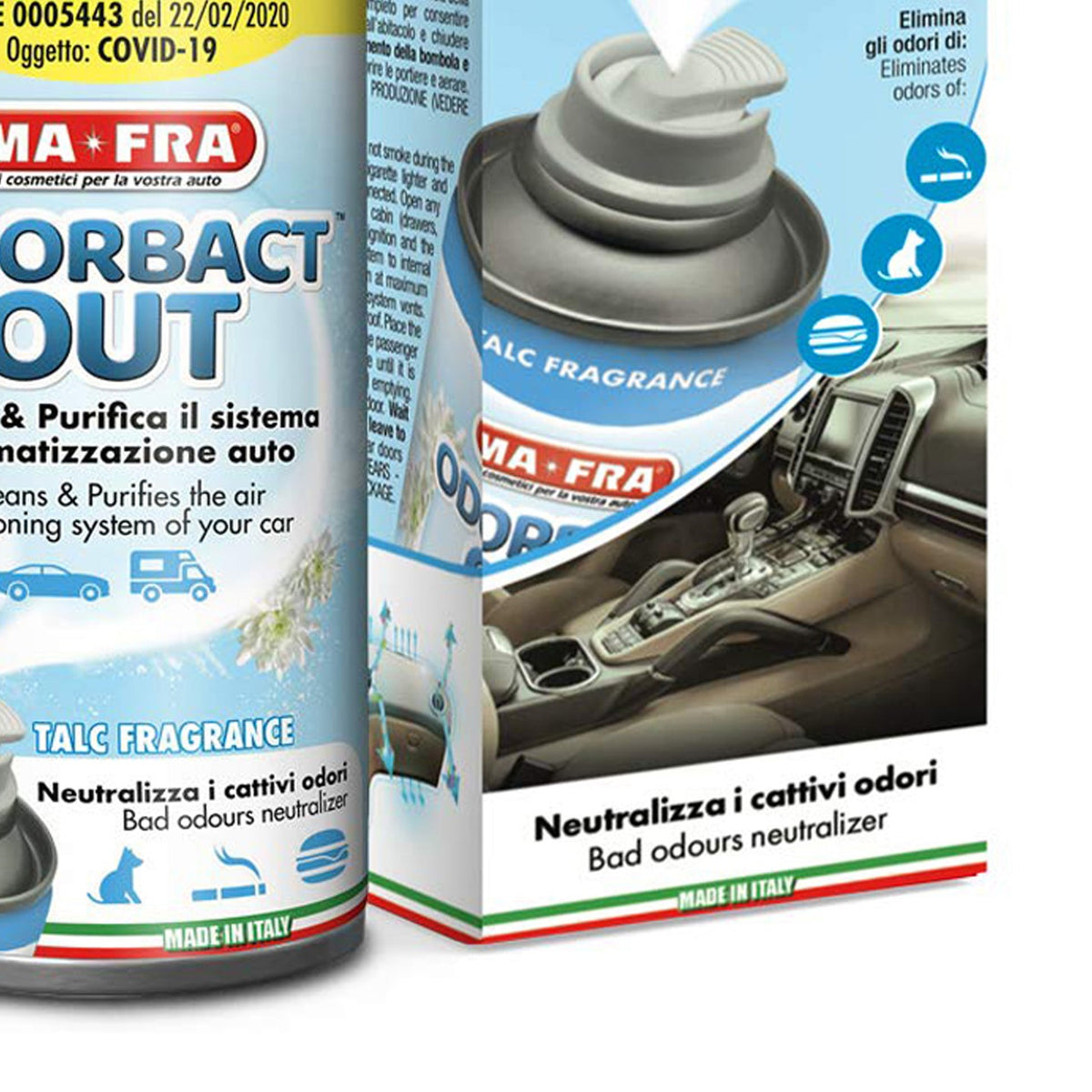 Ma-Fra Odorbact Out Car Aircon Sanitizer in Color Box Talc Scent 150ml