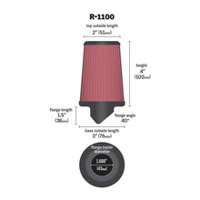 Load image into Gallery viewer, K&N Universal Clamp-On Air Filter R-1100 1.688" Inlet, 4" Height (40° Flange Angle)