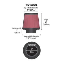Load image into Gallery viewer, K&N Universal Clamp-On Air Filter RU-1020 6" Inlet, 8" Height