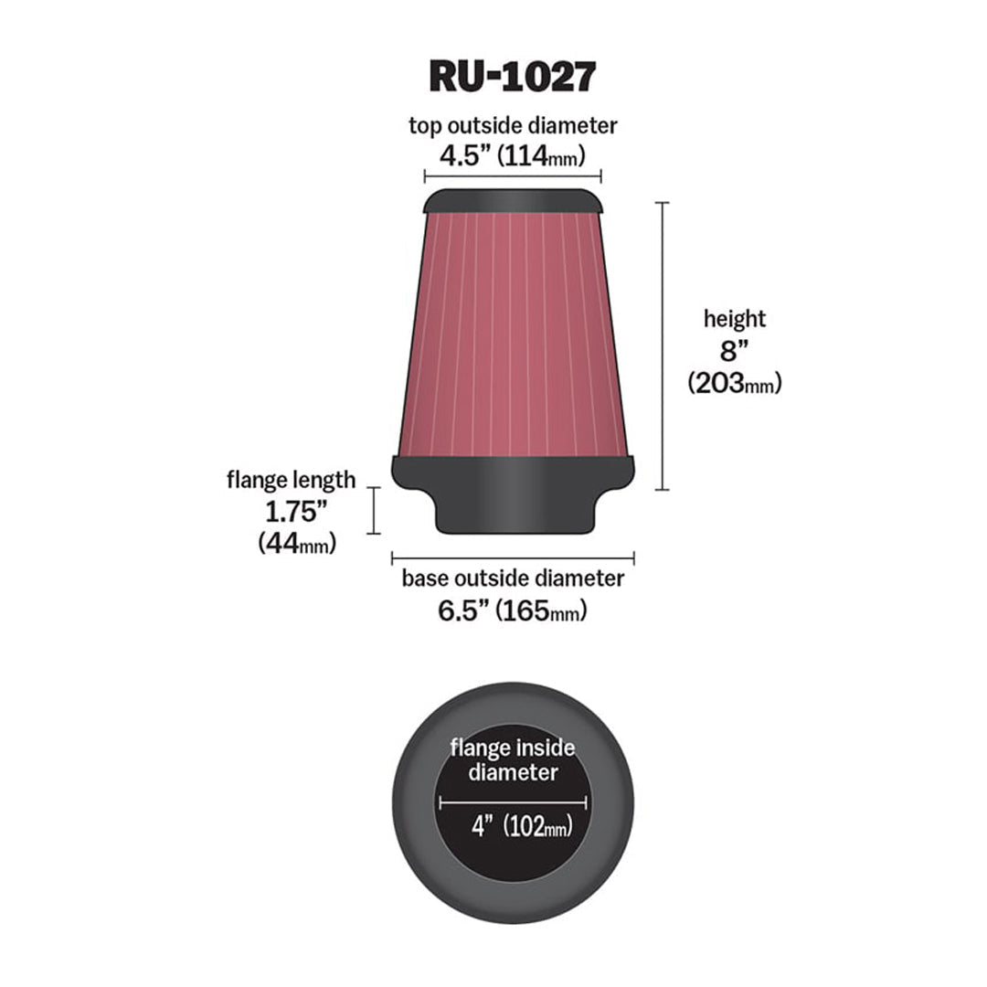 K&N Universal Clamp-On Air Filter RU-1027 4" Inlet, 8" Height