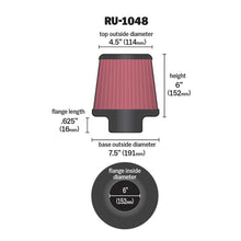 Load image into Gallery viewer, K&N Universal Clamp-On Air Filter RU-1048 6" Inlet, 6" Height