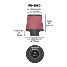 Load image into Gallery viewer, K&N Universal Clamp-On Air Filter RU-4950 2.5" Inlet, 5.5" Height