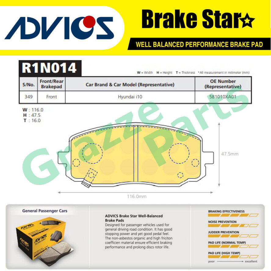 Advics Front Brake Pad T-Series for Hyundai Front i10, Kia Picanto 2008 - 2013