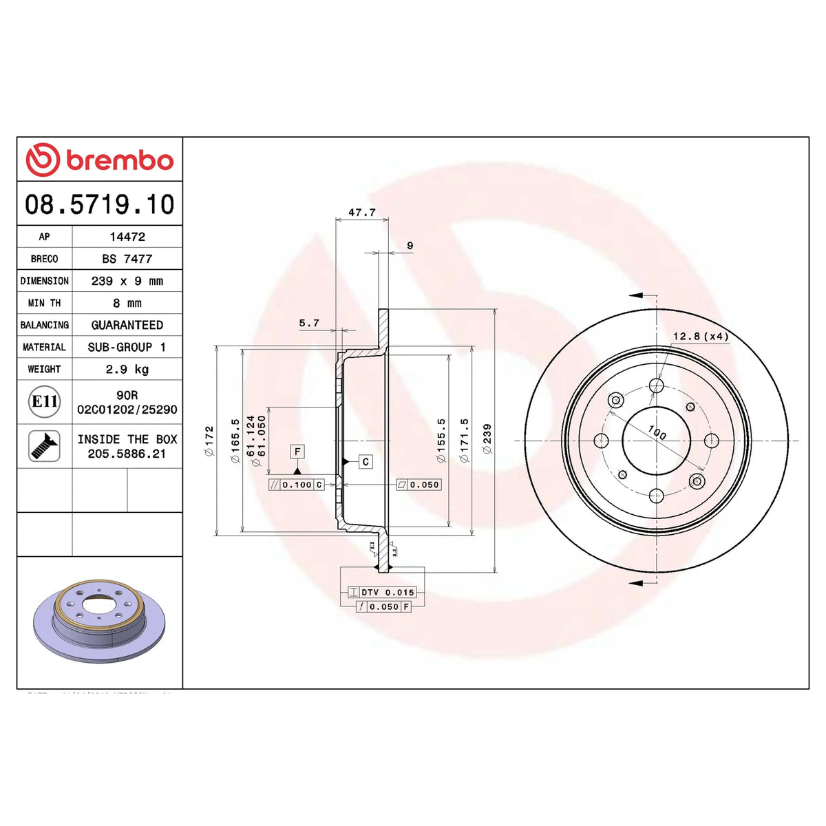 Brembo Rear Rotor Disc 08.5719.10 for Honda Civic SIR, VTI