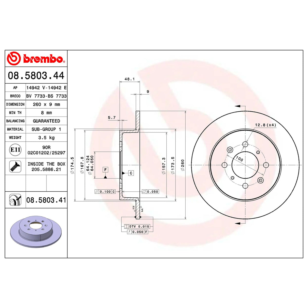 Brembo Rear Rotor Disc 08.5803.41 for Honda Civic New Dimension ES 2001 - 2005