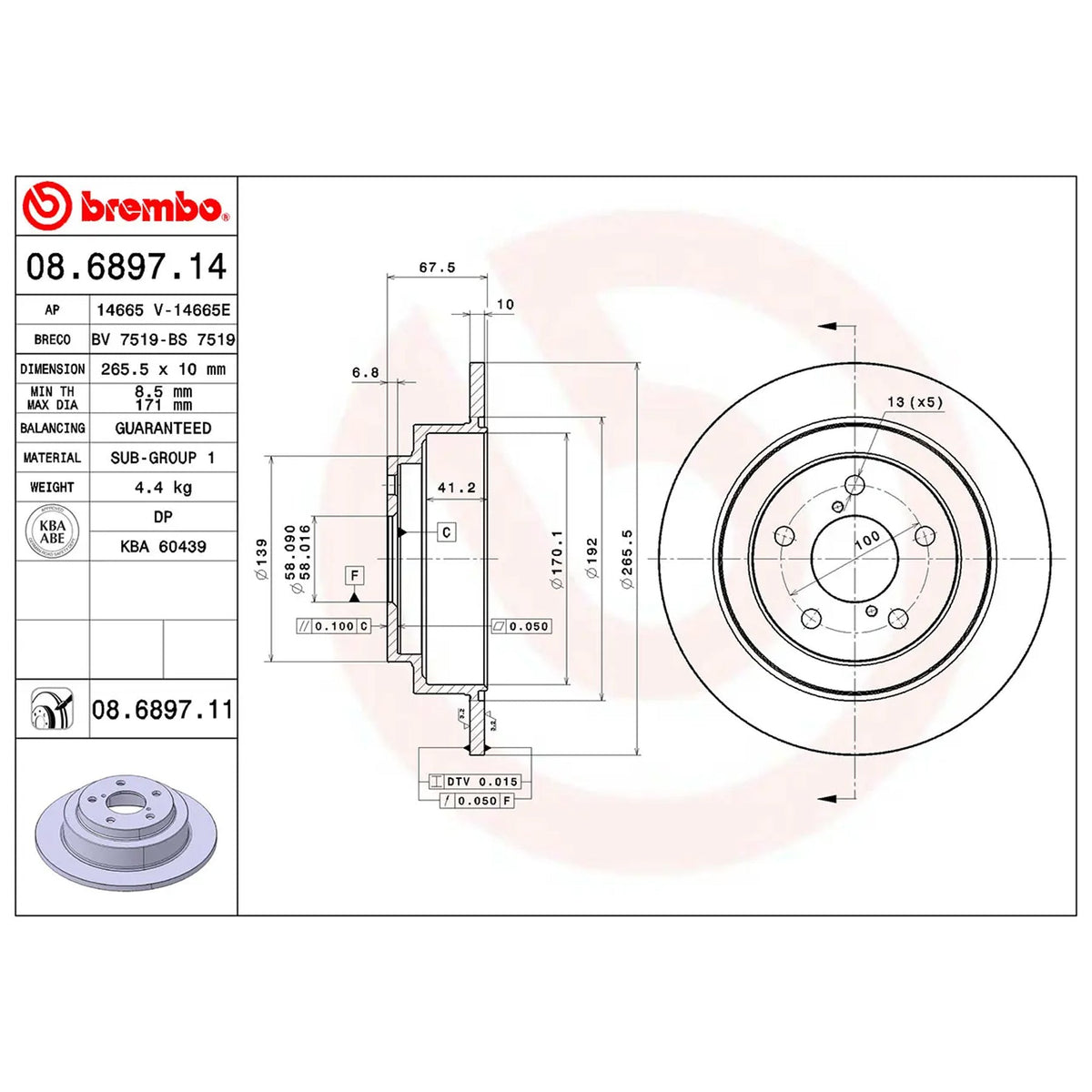 Brembo Rear Rotor Disc 08.6897.11 for Subaru Forester SG 2003 - 2008