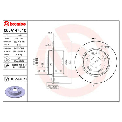 Brembo Rear Rotor Disc 08.A147.11 for Honda Civic FD