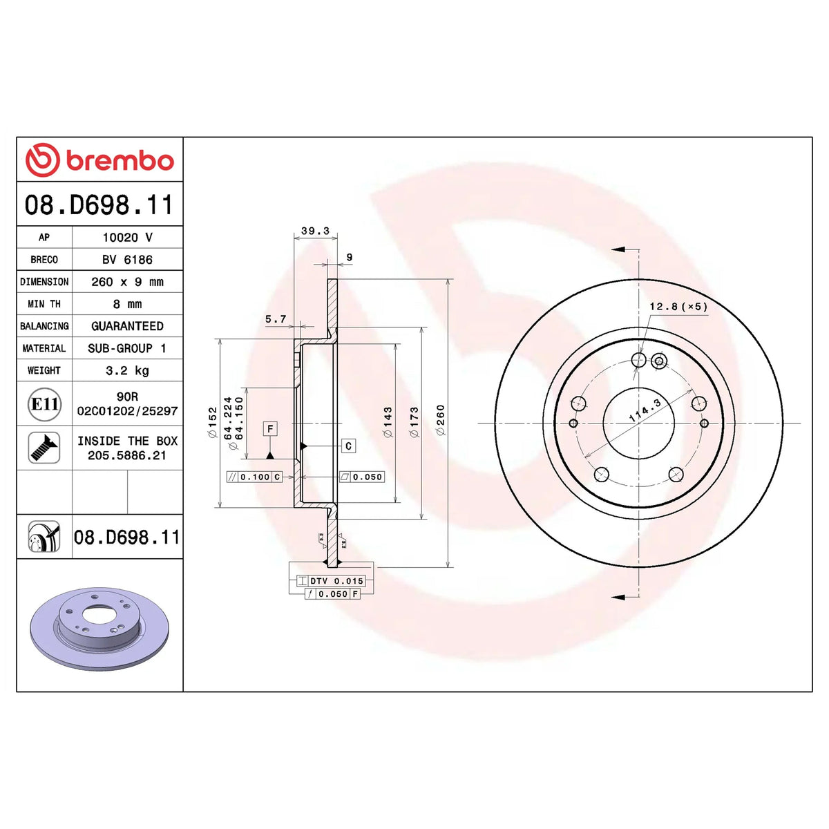 Brembo Rear Rotor Disc 08.D698.11 for Honda Civic FC 2016-2022