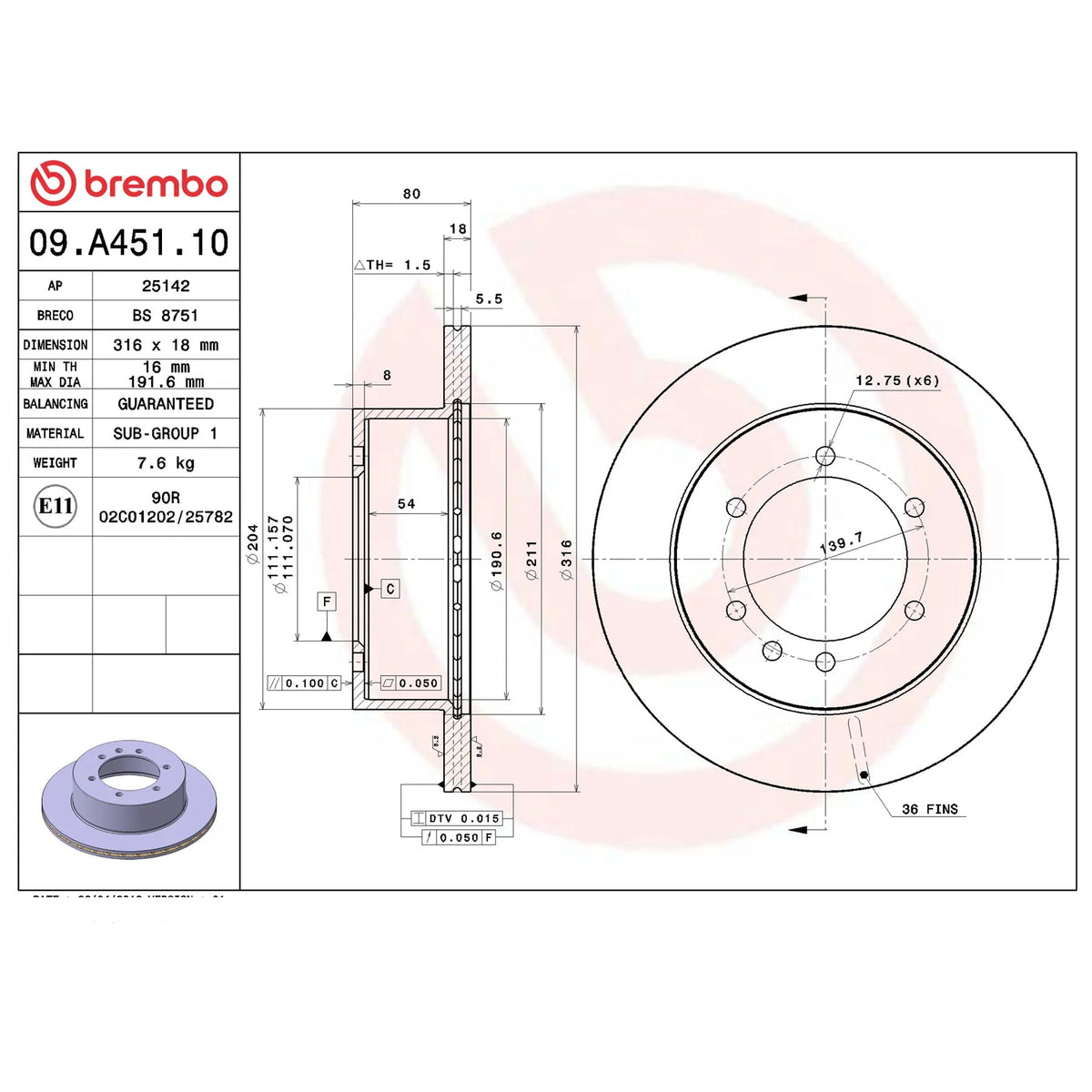 Brembo Rear Rotor Disc 09.A451.10 for Nissan Patrol Y60/Y61