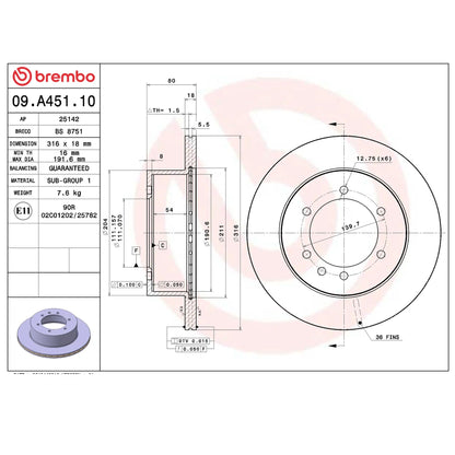 Brembo Rear Rotor Disc 09.A451.10 for Nissan Patrol Y60/Y61