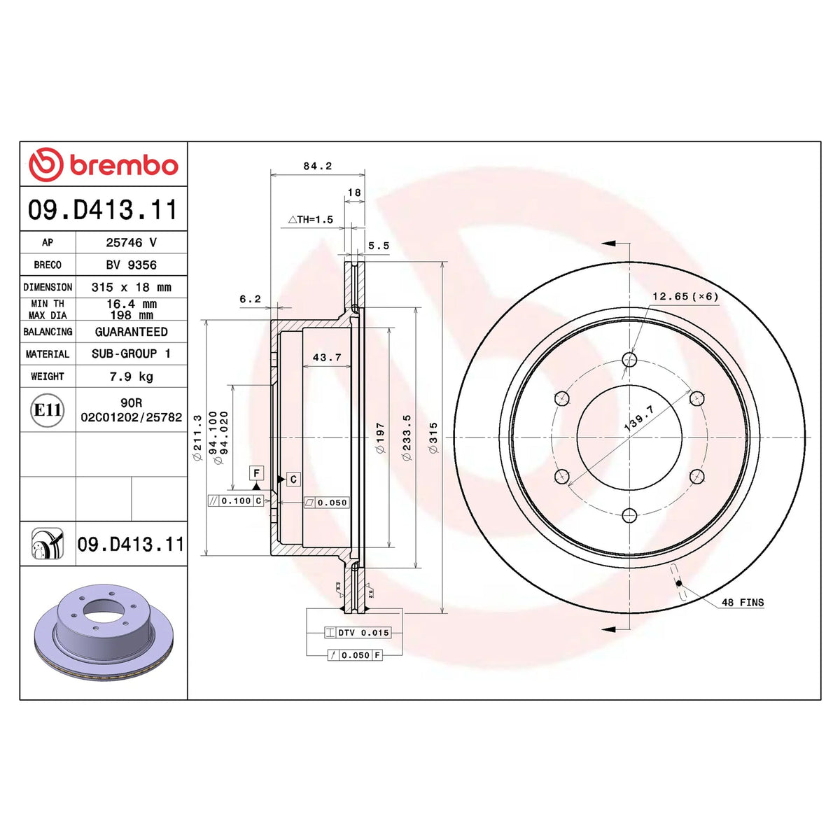 Brembo Rear Rotor Disc 09.D413.11 for Mitsubishi Montero Sport 2008 - 2015
