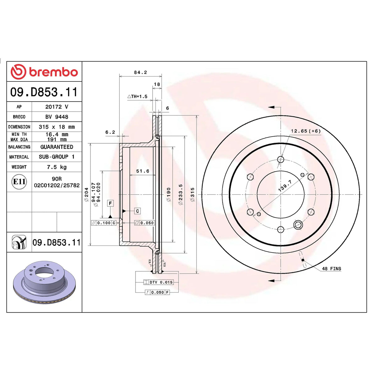 Brembo Rear Rotor Disc 09.D853.11 for Mitsubishi Montero Sport 2016 -
