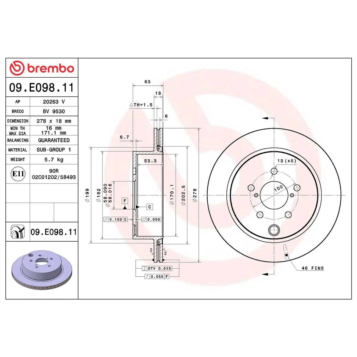 Brembo Rear Rotor Disc 09.E098.11 for Subaru Forester XT SJ 2014 - 2018