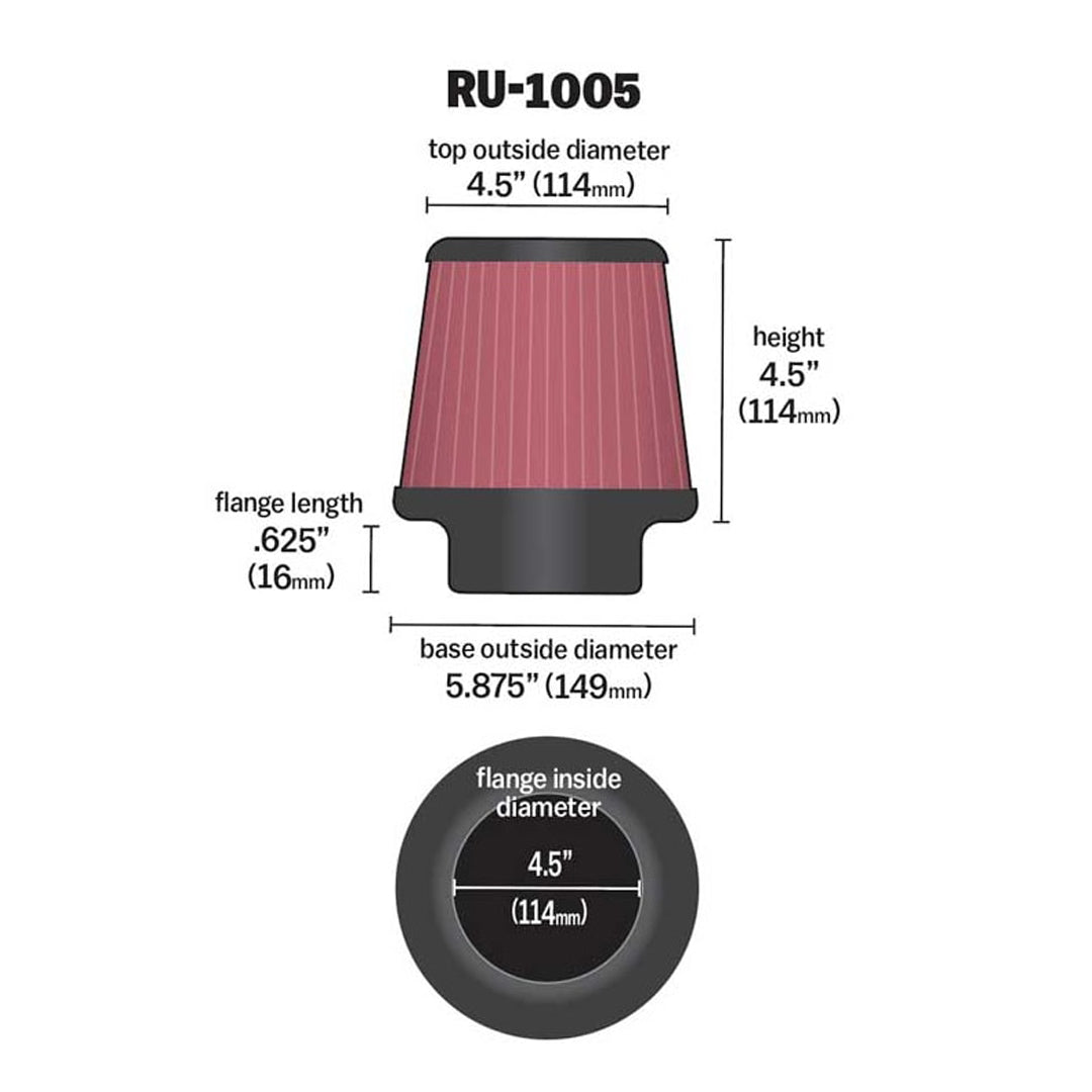 K&N Universal Clamp-On Air Filter RU-1005 4.5" Inlet, 4.5" Height