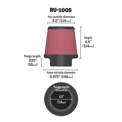K&N Universal Clamp-On Air Filter RU-1005 4.5" Inlet, 4.5" Height