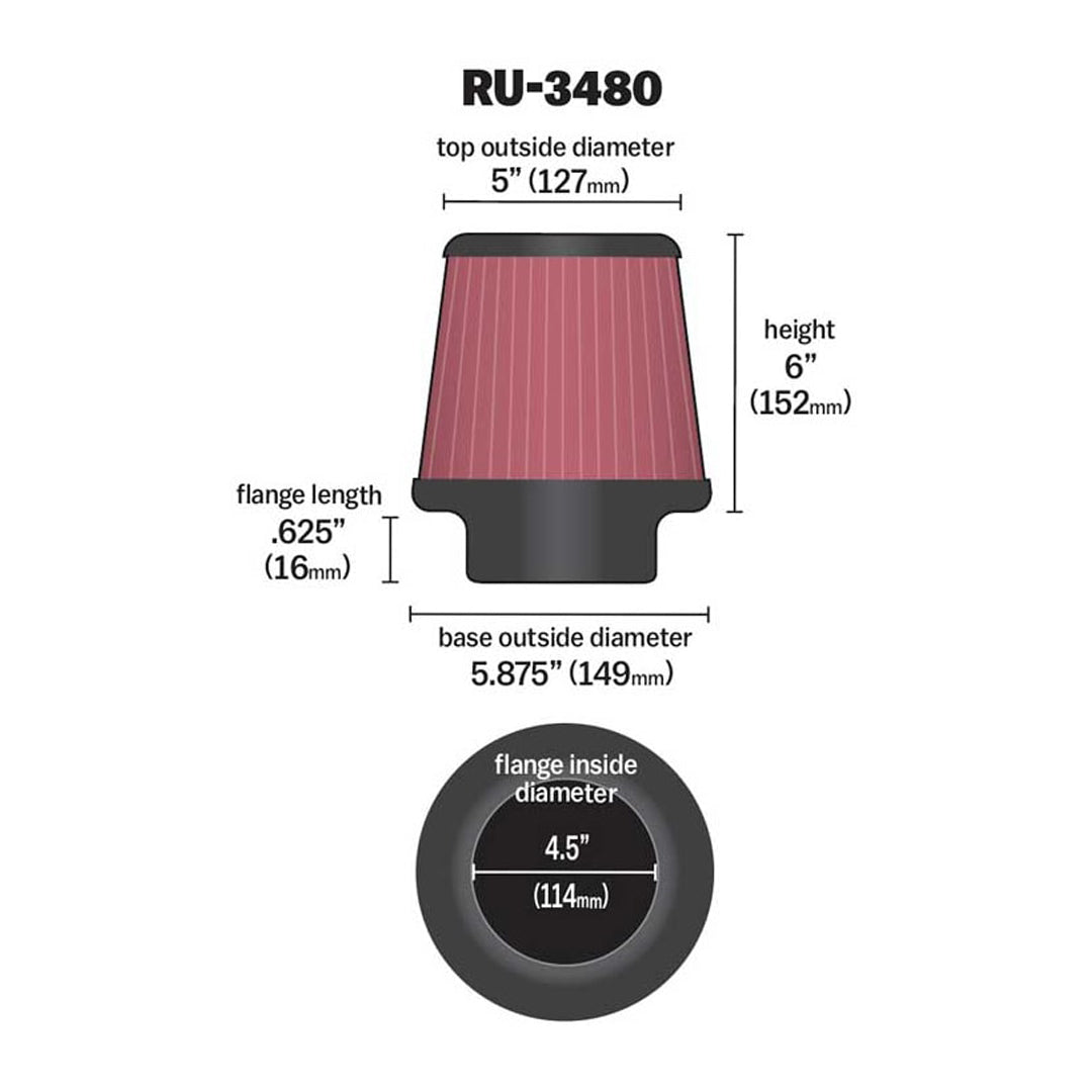 K&N Universal Clamp-On Air Filter RU-3480 4.5" Inlet, 6.5" Height