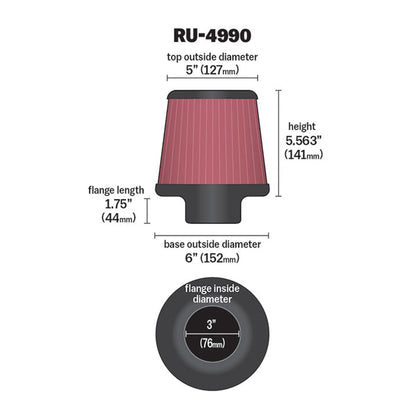 K&N Universal Clamp-On Air Filter RU-4990 3" Inlet, 5.563" Height