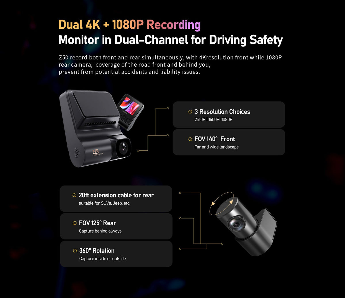 DDPAI Dashcam Z50 + Rear Cam 2160P 4K UHD Resolution