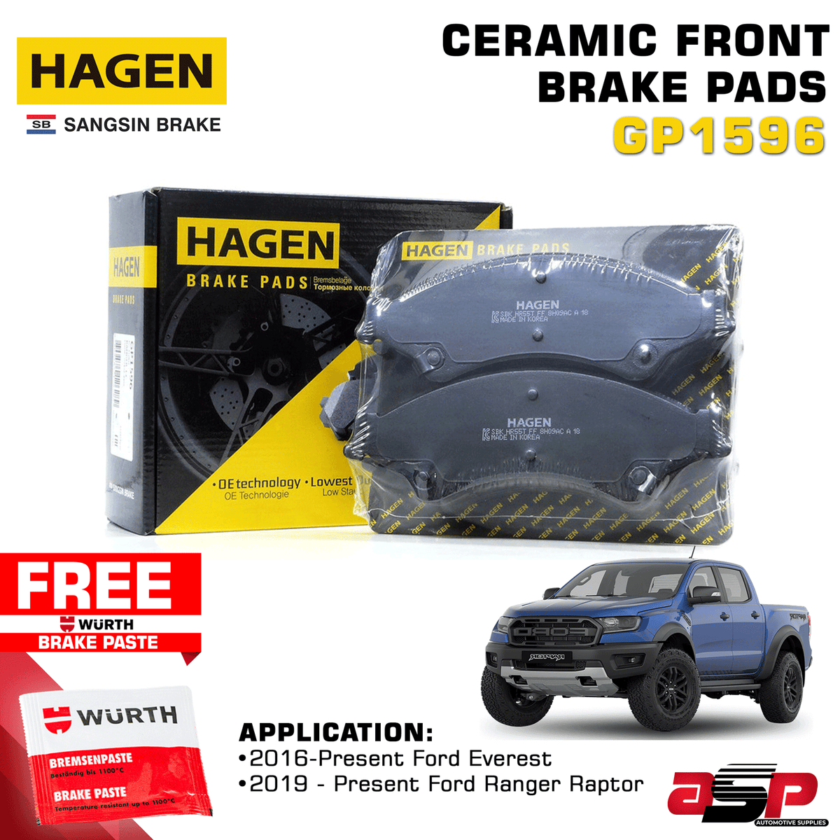 Hagen Front Brake Pad GP4430 for Ford Ranger 19'-up